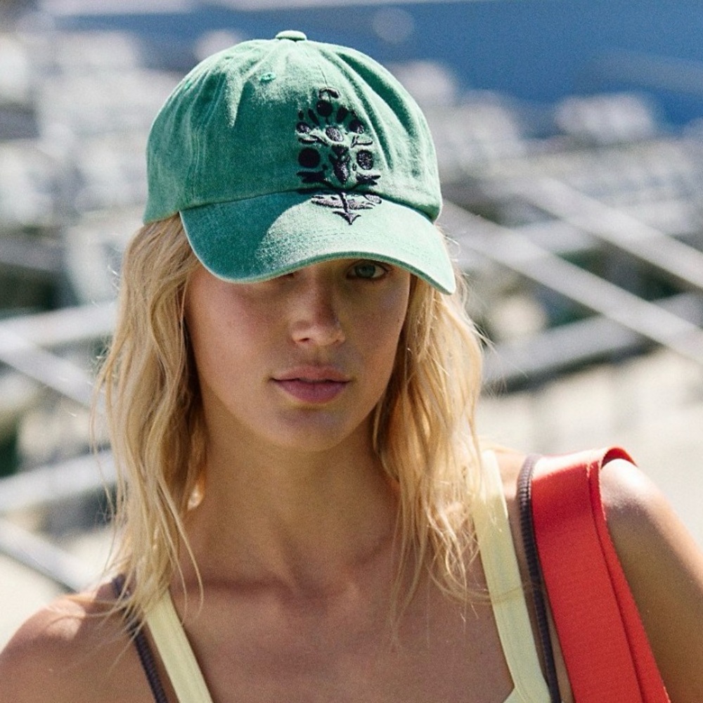 Free People Green Embroidered Baseball Hat Washed Cotton Adjustable